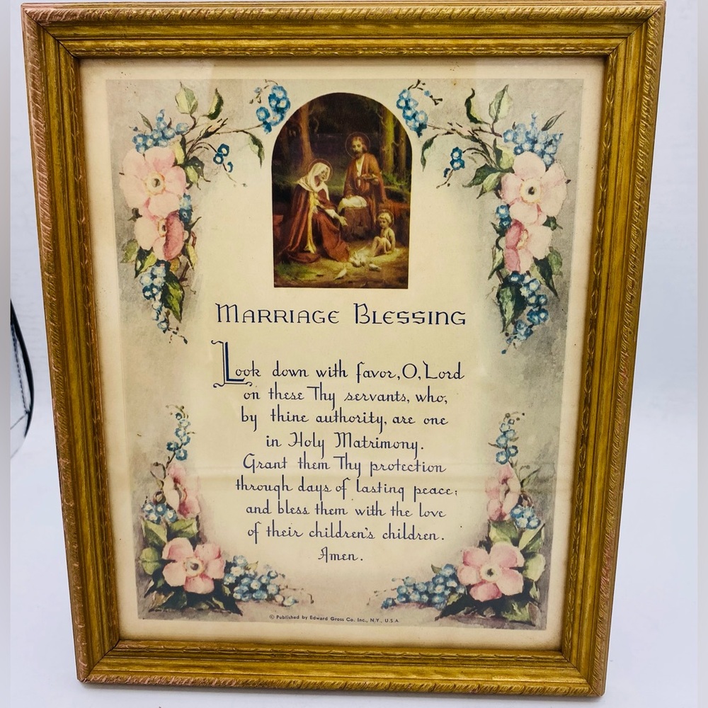 Vintage 1950s Marriage Blessing Framed Wall Art Published By Edward Gross Co